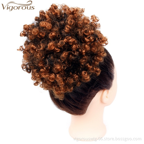 Vigorous Synthetic Short Afro Kinky Hair Bun High Temperature Drawstring Pony Tail Clip in Hair Extension on Puff Hair Bun
